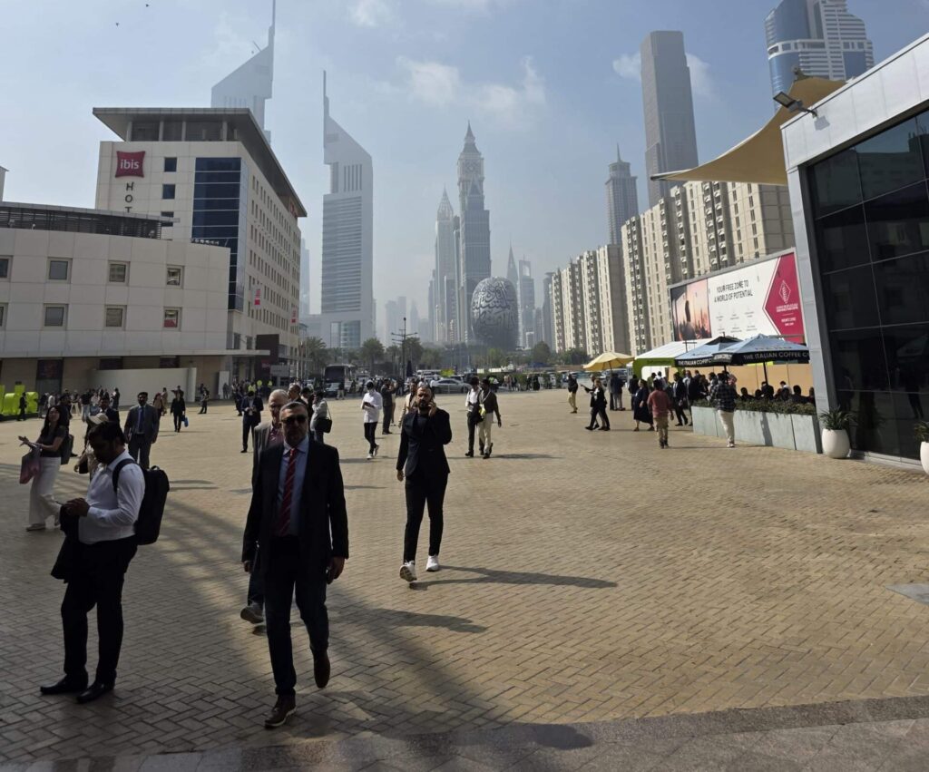 WHX Labs Dubai exhibition - entrance & Dubai skyline